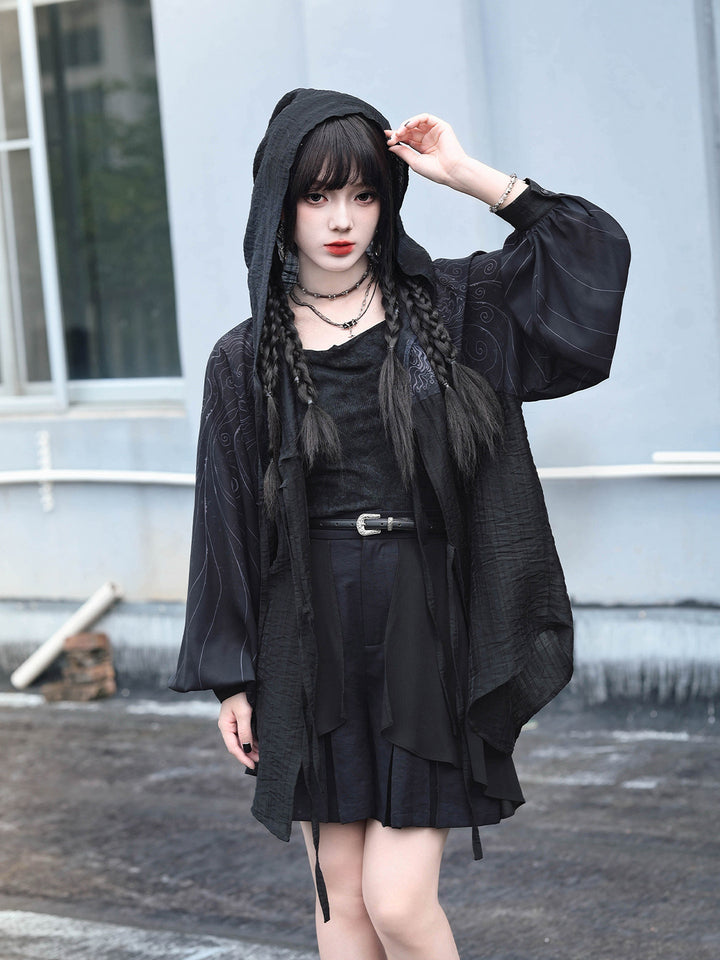 Gothic Cicada Print Hooded Tie-Front Jacket