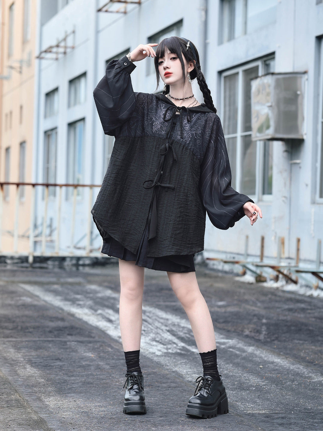 Gothic Cicada Print Hooded Tie-Front Jacket