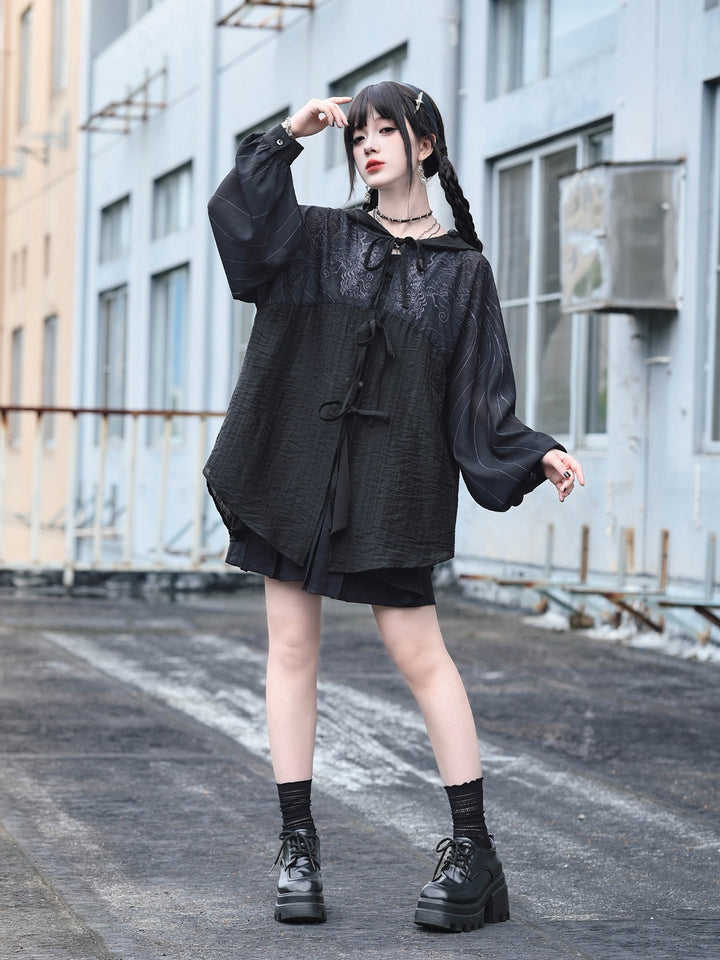 Gothic Cicada Print Hooded Tie-Front Jacket