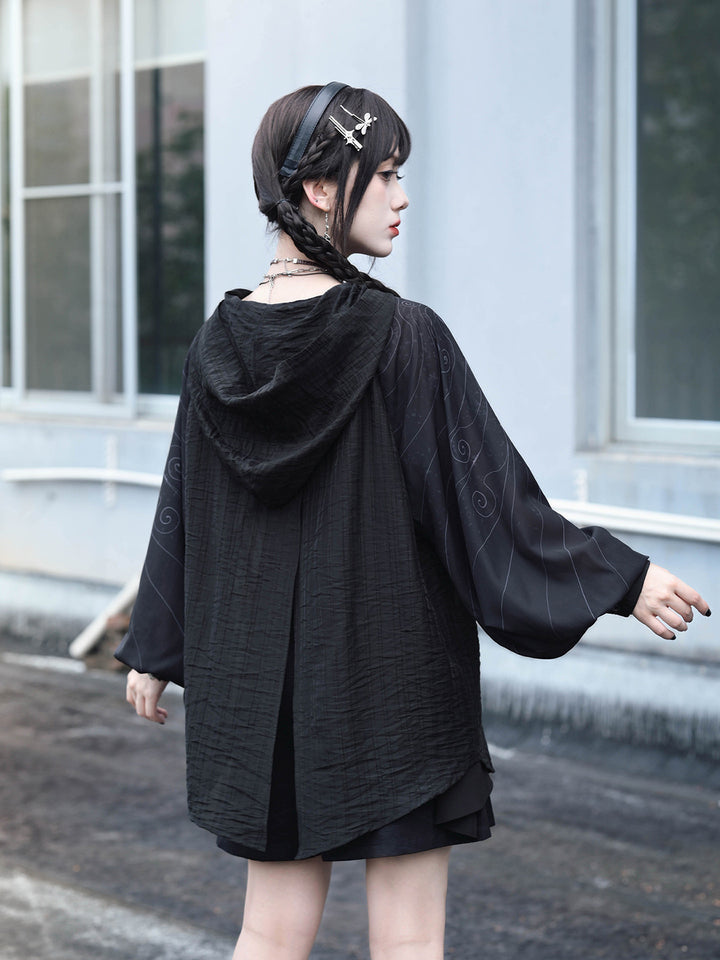 Gothic Cicada Print Hooded Tie-Front Jacket