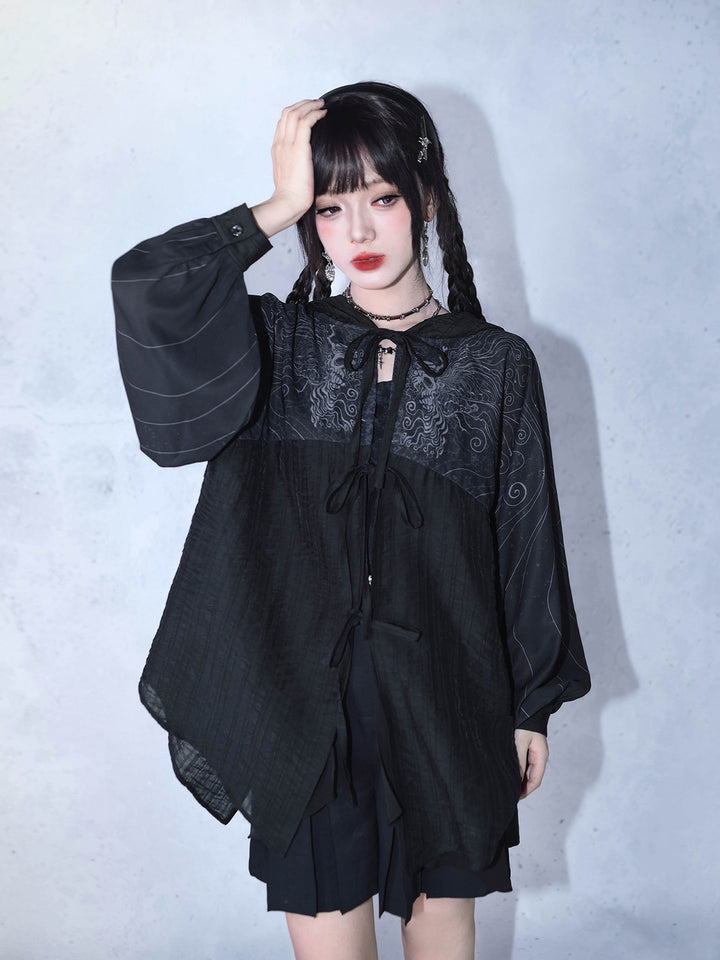 Gothic Cicada Print Hooded Tie-Front Jacket