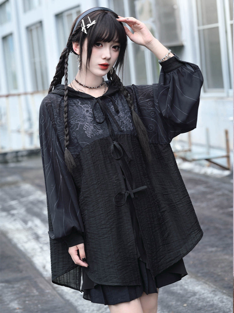 Gothic Cicada Print Hooded Tie-Front Jacket