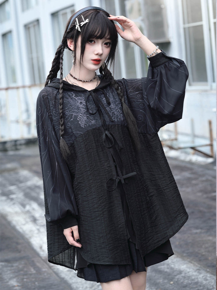 Gothic Cicada Print Hooded Tie-Front Jacket