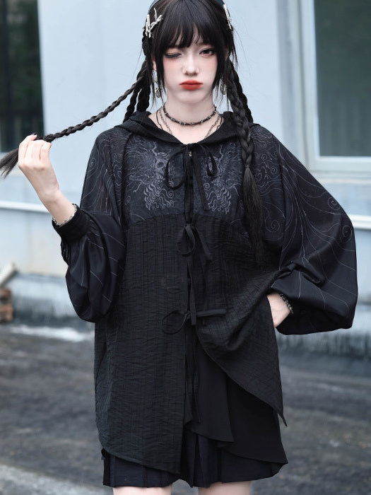 Gothic Cicada Print Hooded Tie-Front Jacket