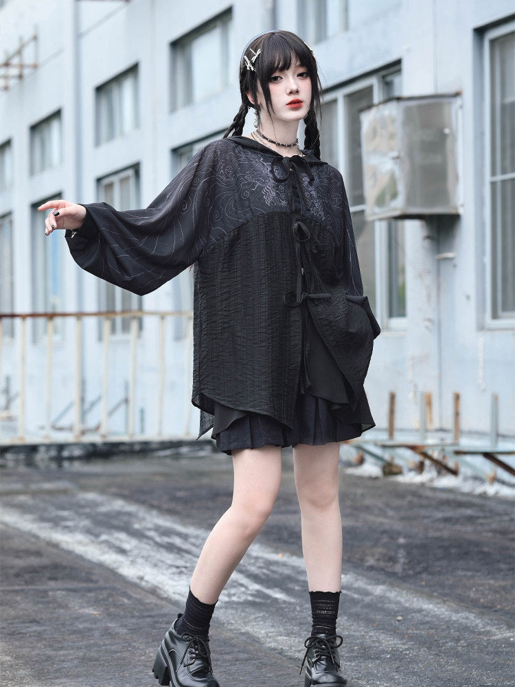 Gothic Cicada Print Hooded Tie-Front Jacket