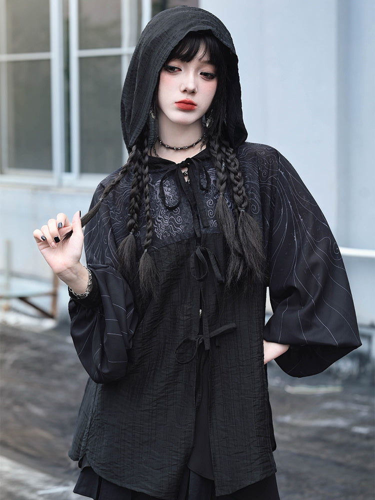Gothic Cicada Print Hooded Tie-Front Jacket