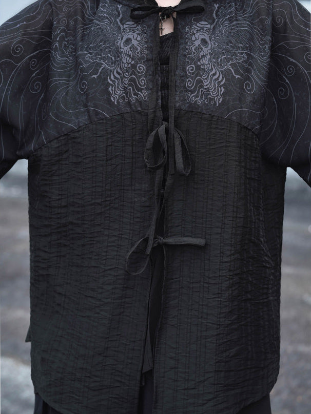 Gothic Cicada Print Hooded Tie-Front Jacket