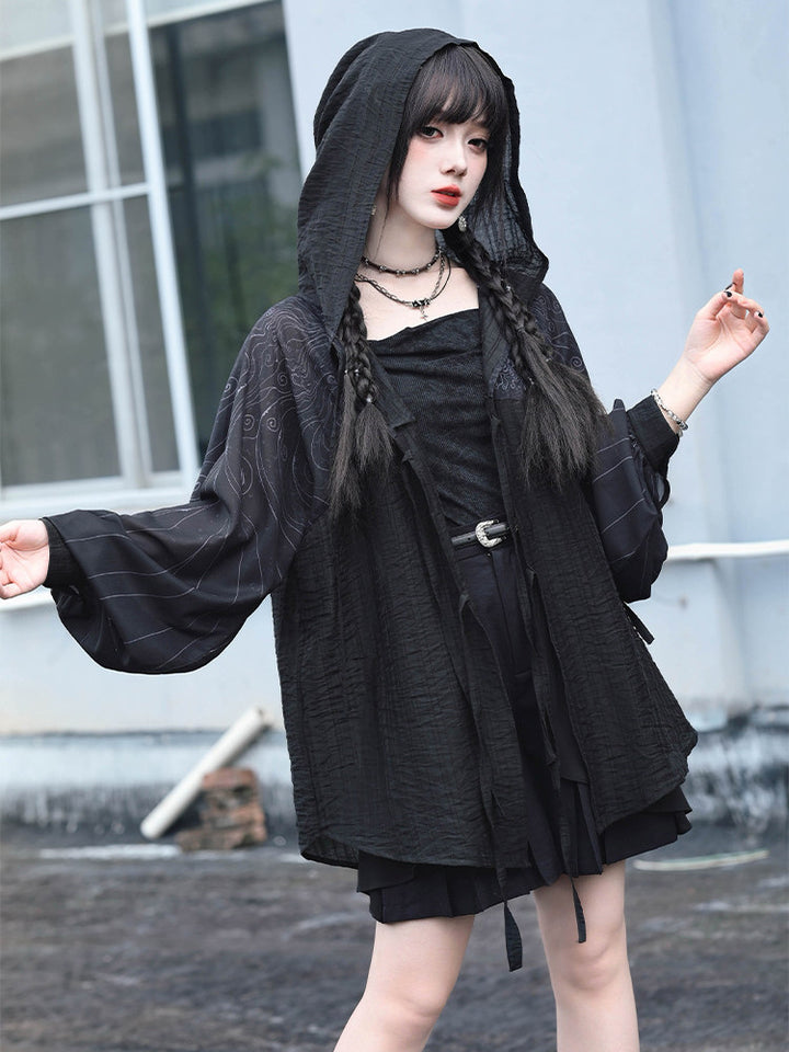 Gothic Cicada Print Hooded Tie-Front Jacket
