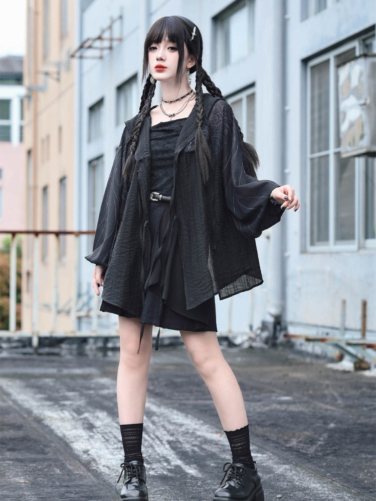 Gothic Cicada Print Hooded Tie-Front Jacket