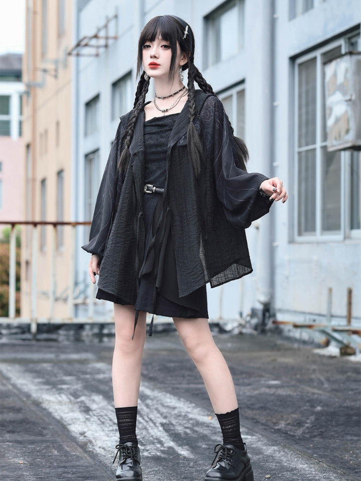 Gothic Cicada Print Hooded Tie-Front Jacket