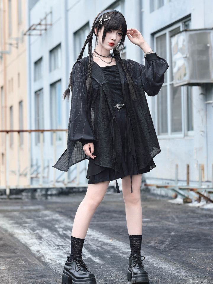 Gothic Cicada Print Hooded Tie-Front Jacket