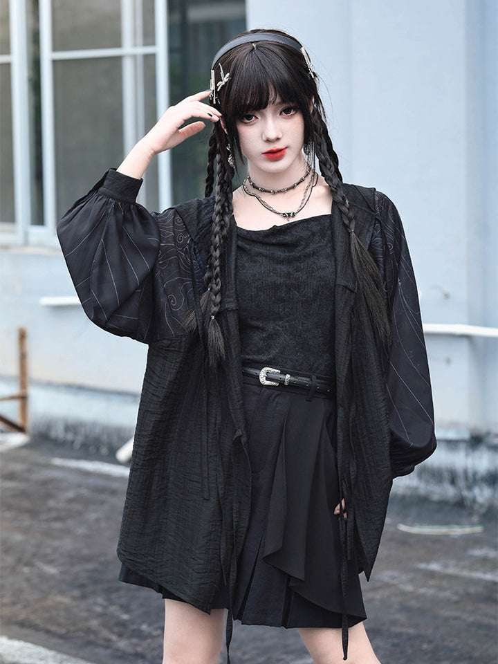 Gothic Cicada Print Hooded Tie-Front Jacket