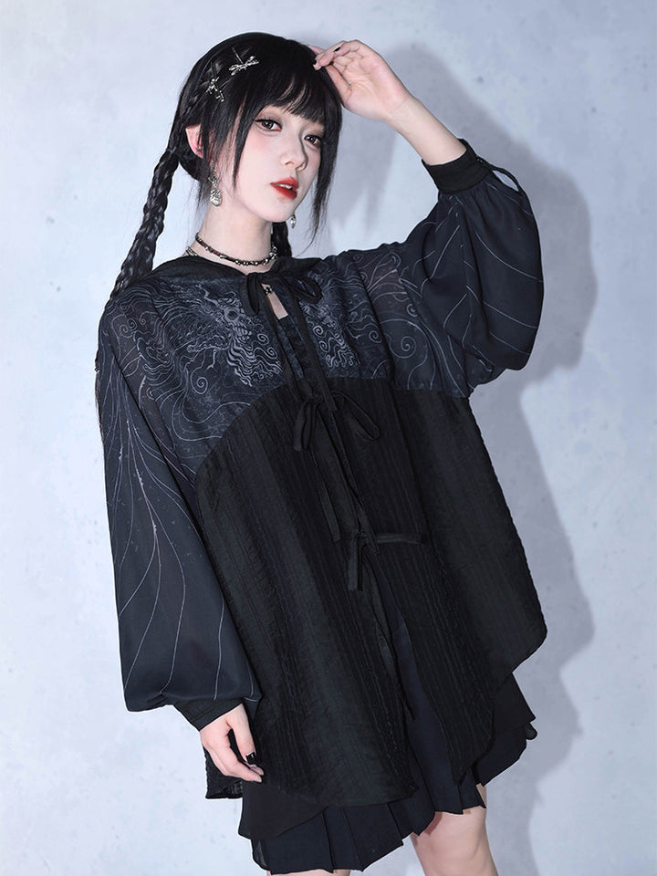 Gothic Cicada Print Hooded Tie-Front Jacket