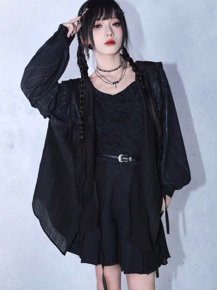 Gothic Cicada Print Hooded Tie-Front Jacket