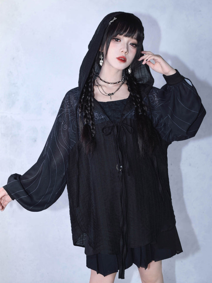 Gothic Cicada Print Hooded Tie-Front Jacket