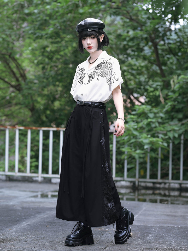 Gothic Cicada Print Convertible Wide-Leg Pants