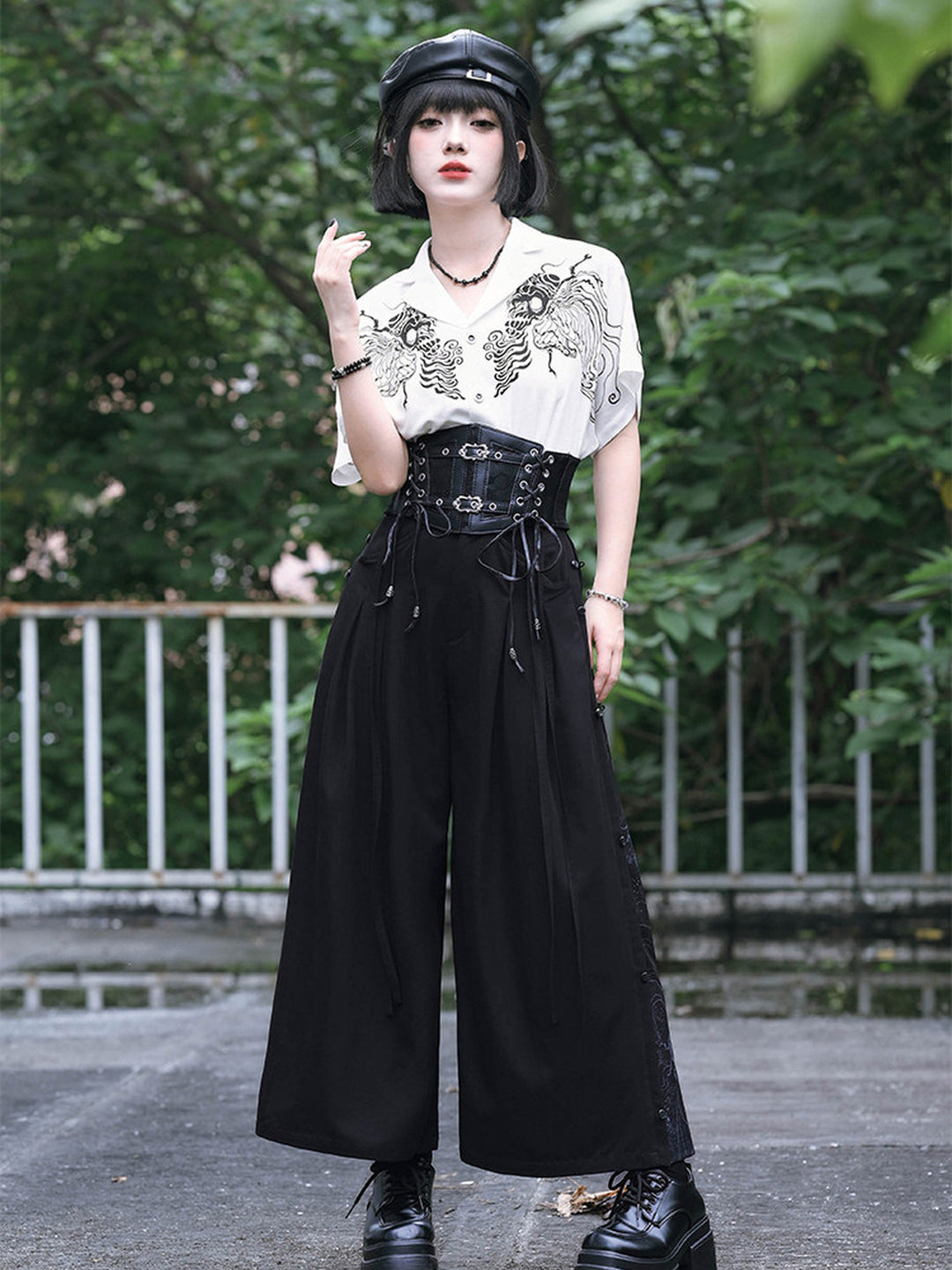 Gothic Cicada Print Convertible Wide-Leg Pants
