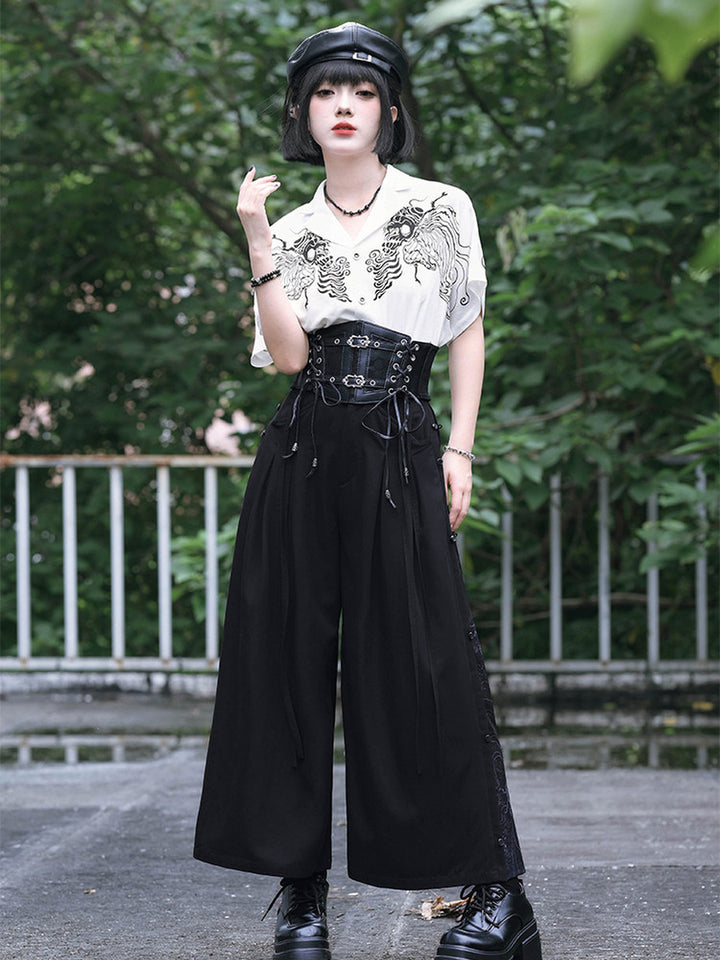 Gothic Cicada Print Convertible Wide-Leg Pants