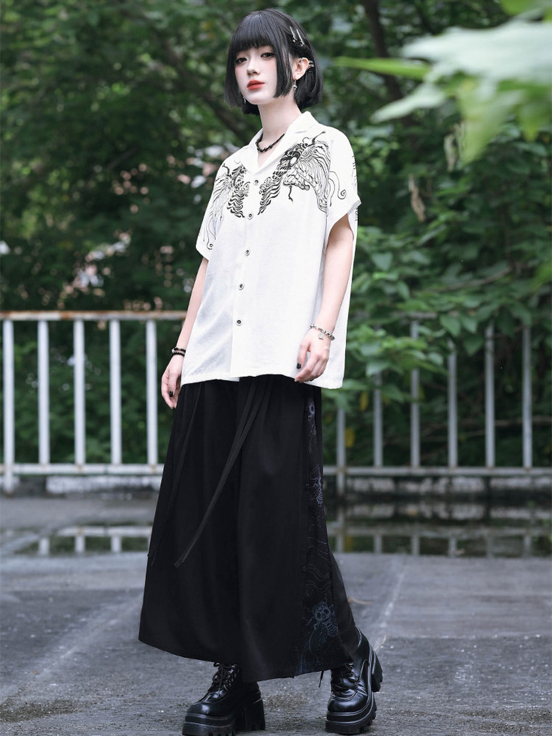 Gothic Cicada Print Convertible Wide-Leg Pants