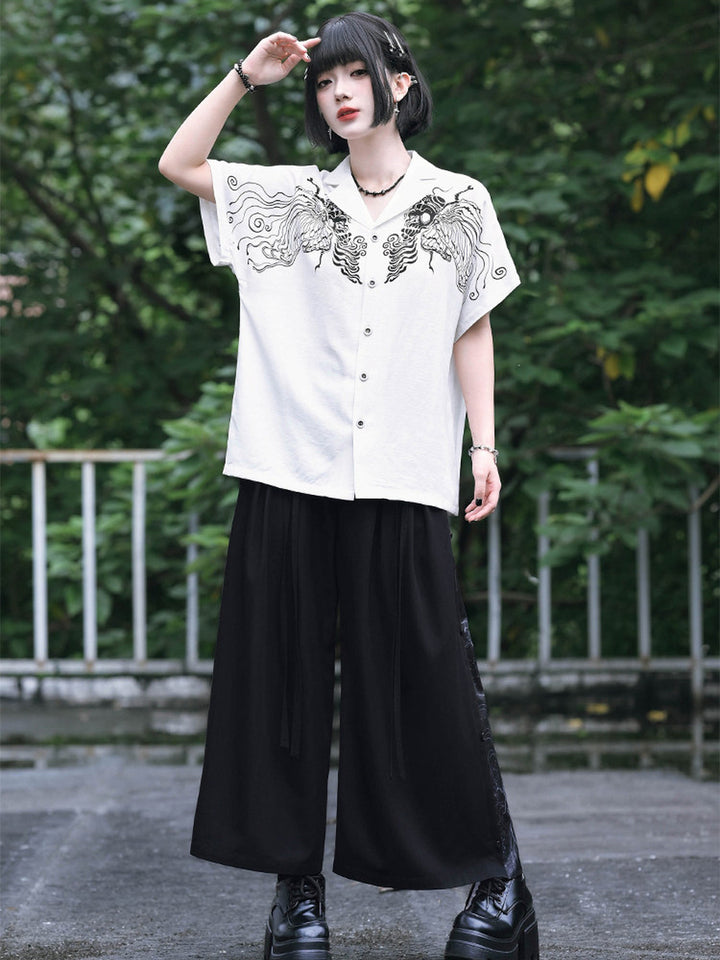 Gothic Cicada Print Convertible Wide-Leg Pants