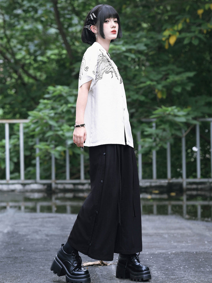 Gothic Cicada Print Convertible Wide-Leg Pants
