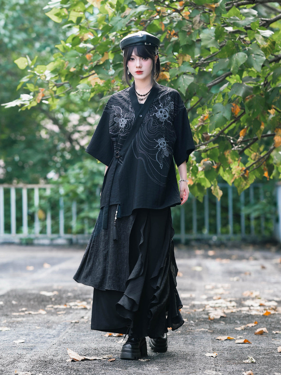 Gothic Cicada Skeleton Print Wrap Shirt