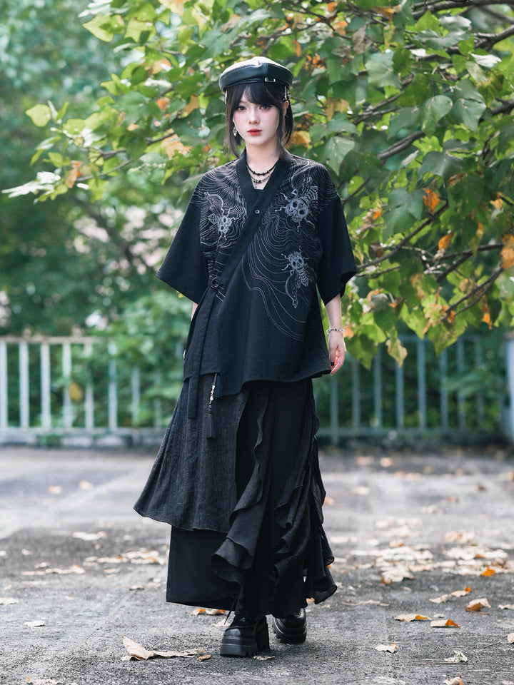 Gothic Cicada Skeleton Print Wrap Shirt