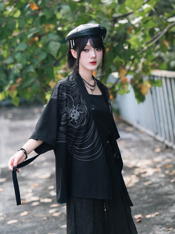 Gothic Cicada Skeleton Print Wrap Shirt