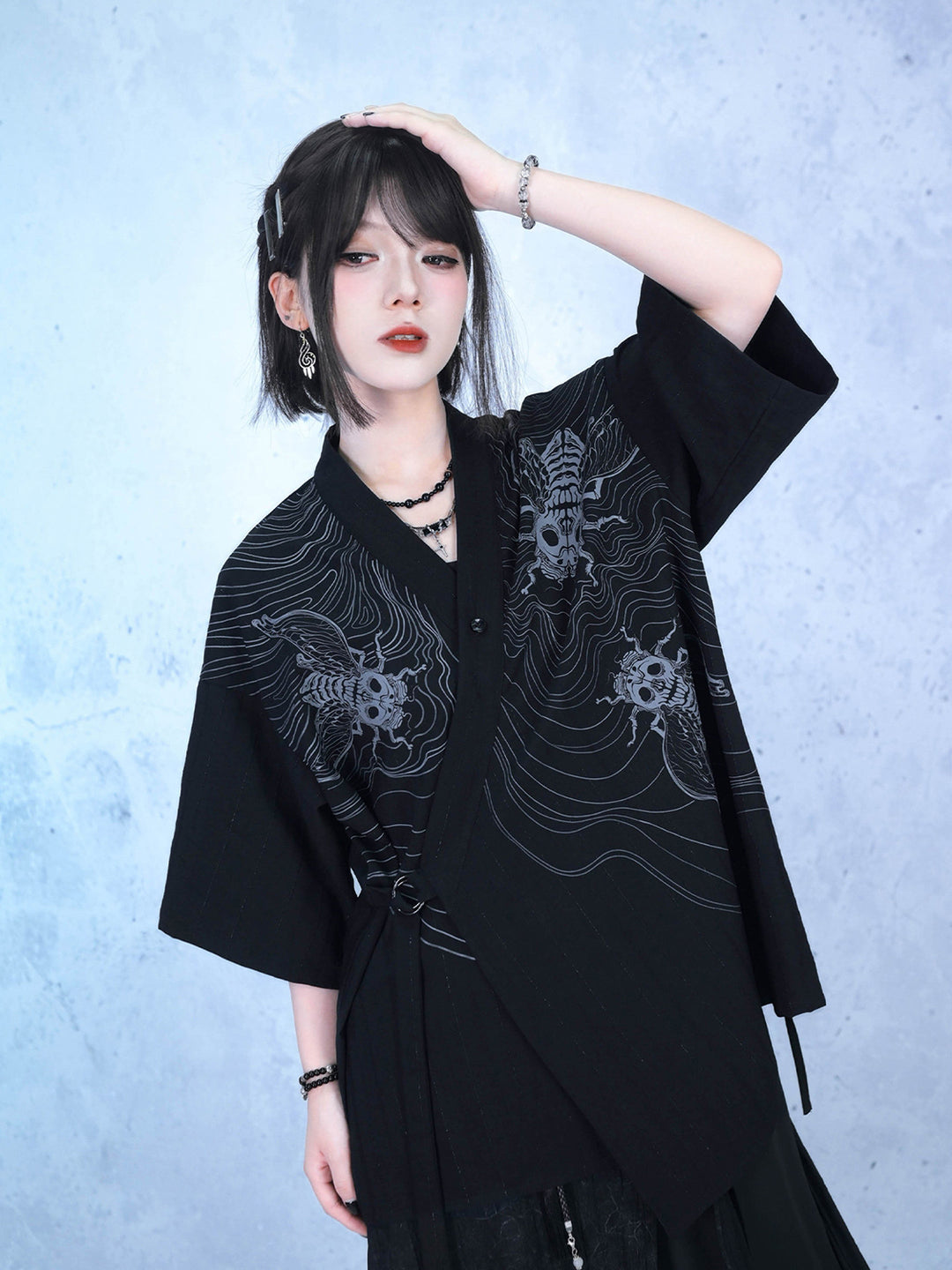 Gothic Cicada Skeleton Print Wrap Shirt