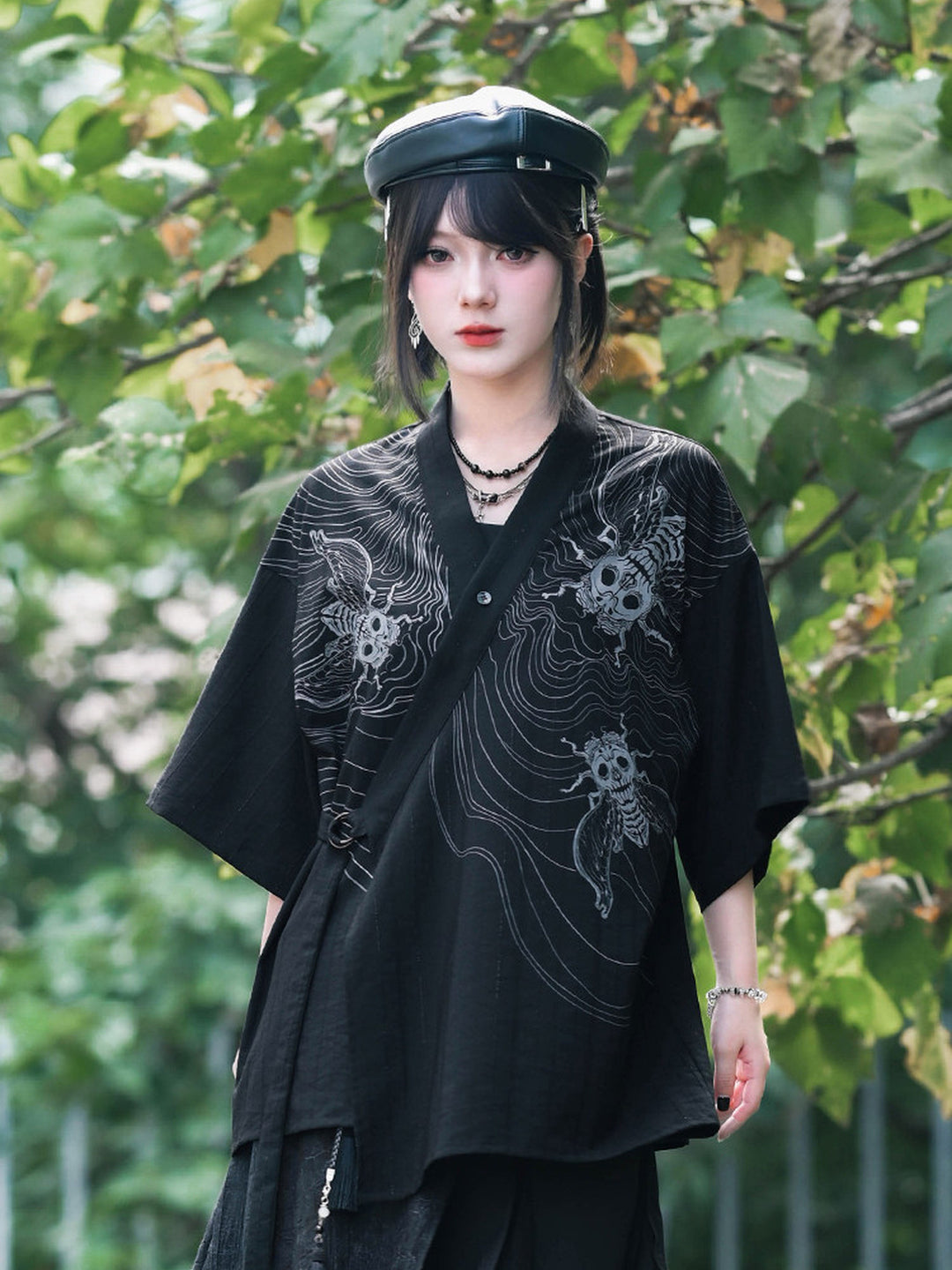 Gothic Cicada Skeleton Print Wrap Shirt
