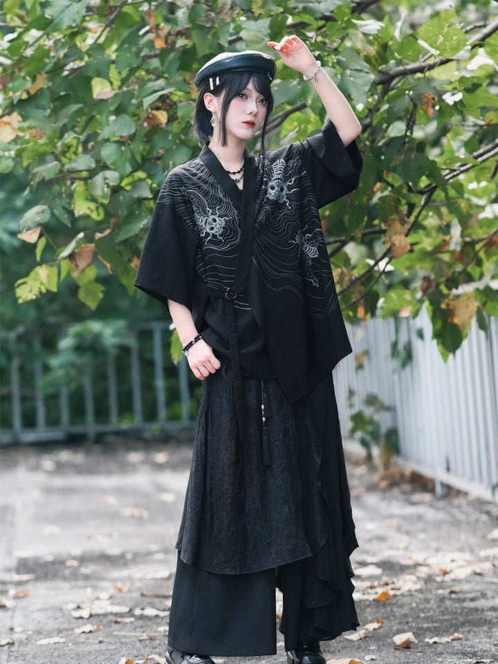 Gothic Cicada Skeleton Print Wrap Shirt