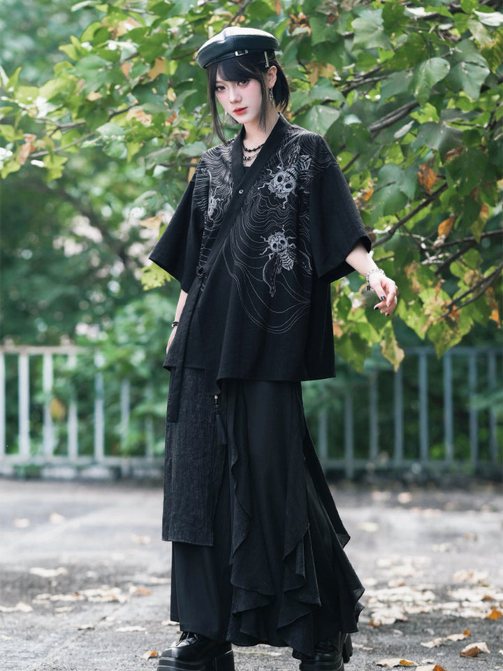 Gothic Cicada Skeleton Print Wrap Shirt