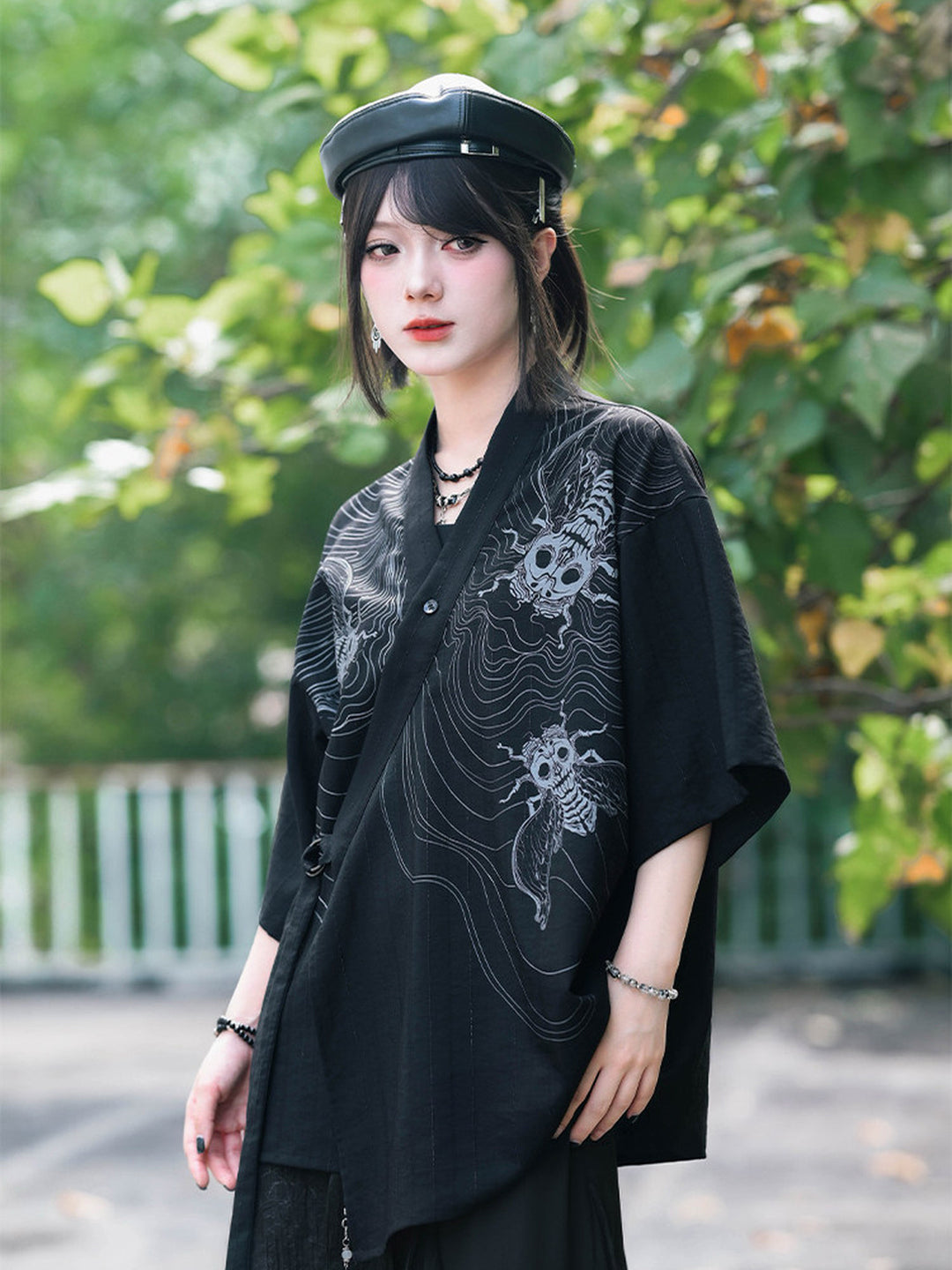 Gothic Cicada Skeleton Print Wrap Shirt