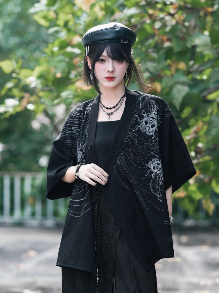Gothic Cicada Skeleton Print Wrap Shirt