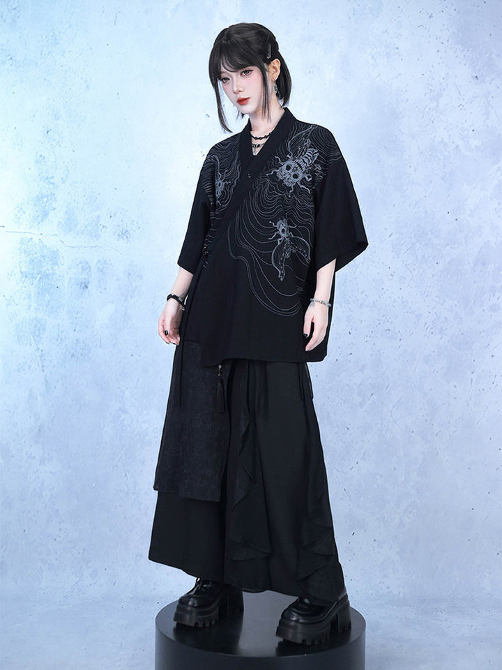 Gothic Cicada Skeleton Print Wrap Shirt