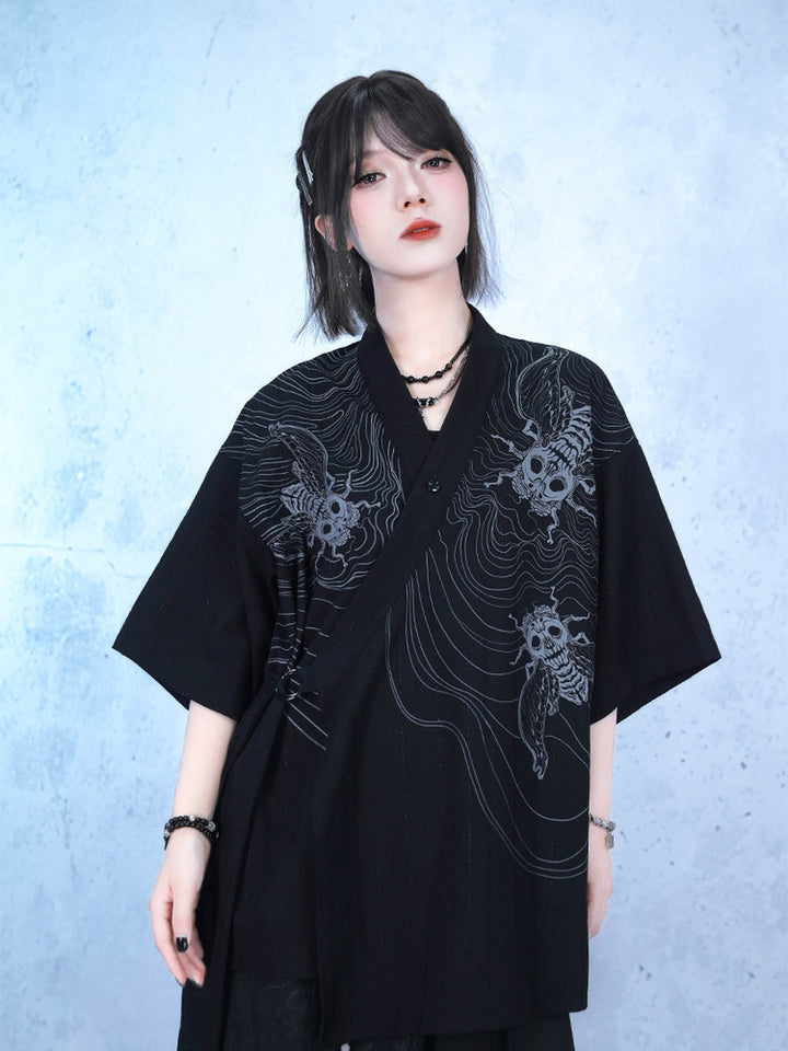 Gothic Cicada Skeleton Print Wrap Shirt
