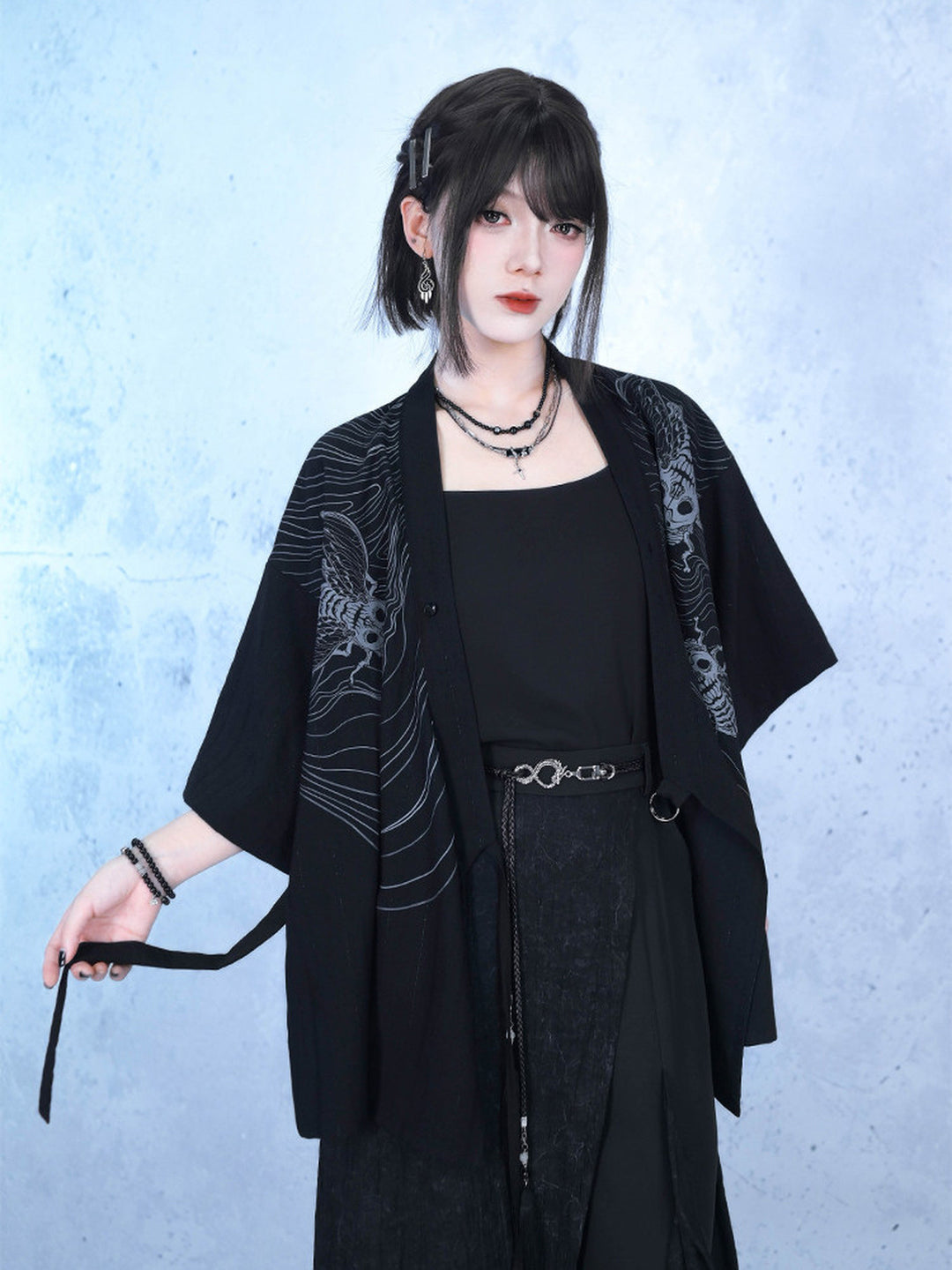 Gothic Cicada Skeleton Print Wrap Shirt