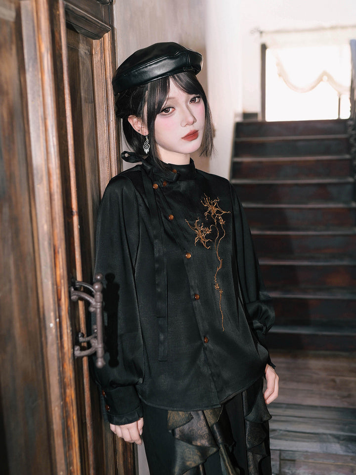 Chinese-Inspired Datura Embroidered Shirt