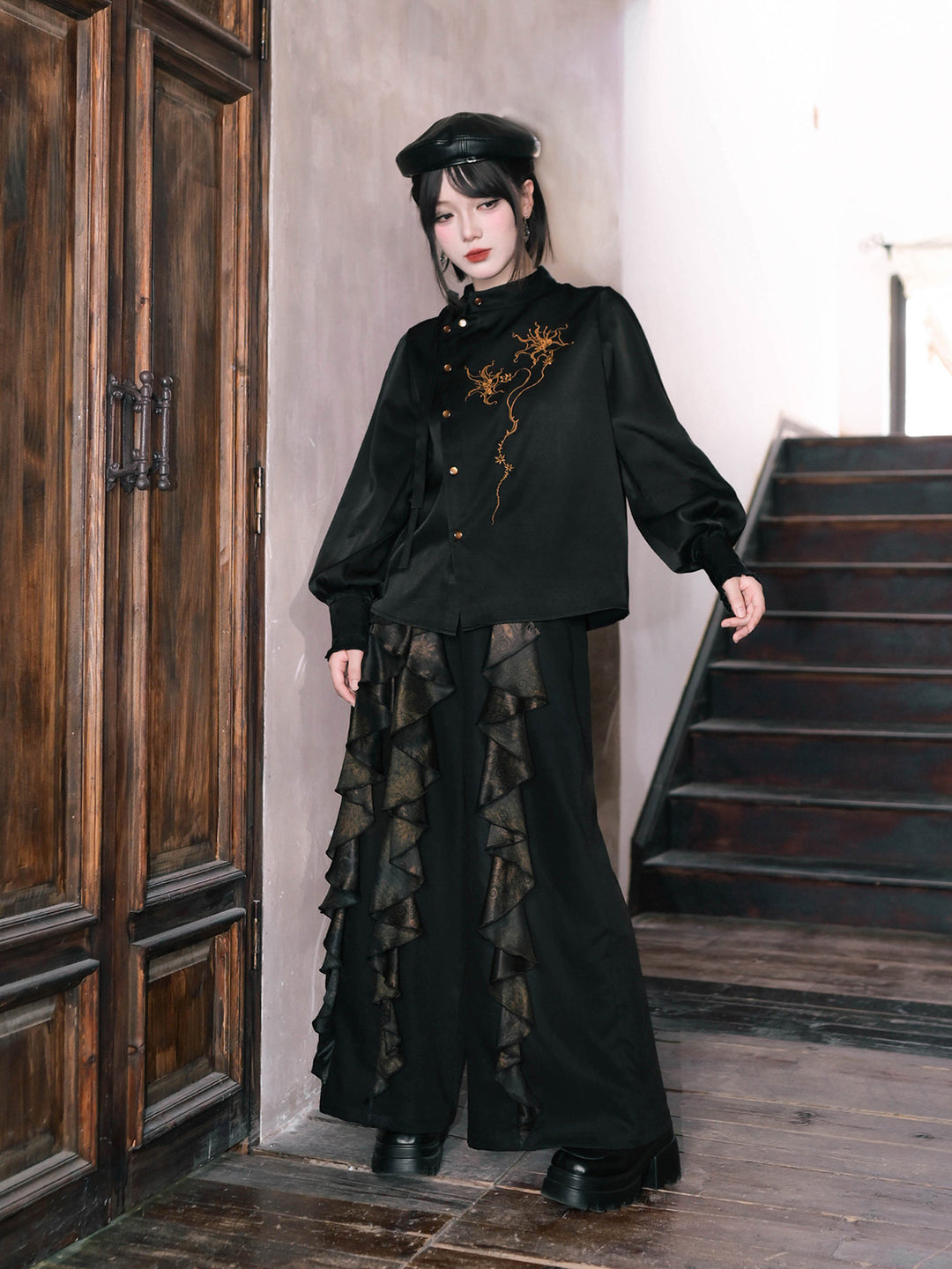 Chinese-Inspired Datura Embroidered Shirt