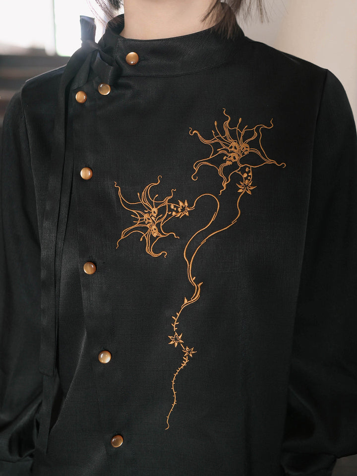 Chinese-Inspired Datura Embroidered Shirt