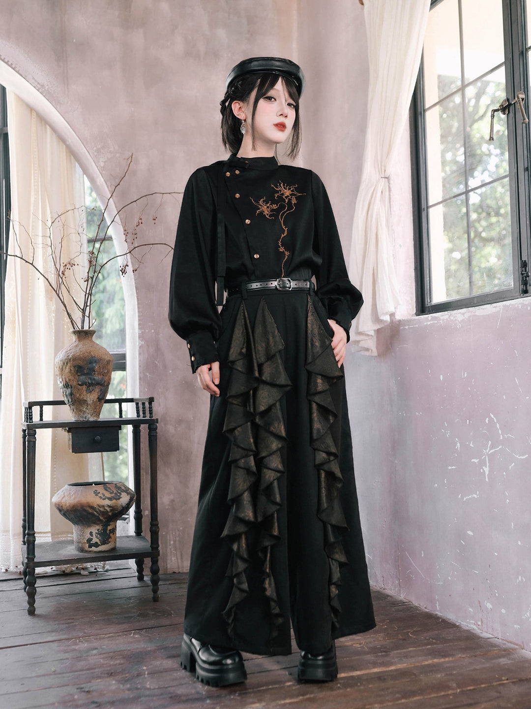 Chinese-Inspired Datura Embroidered Shirt