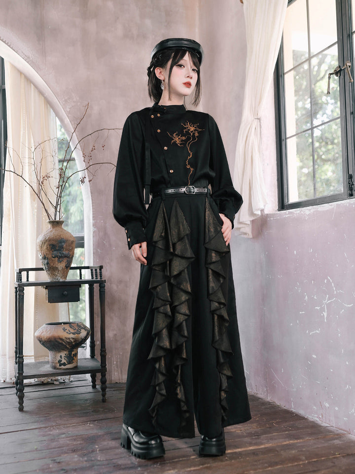 Chinese-Inspired Datura Embroidered Shirt