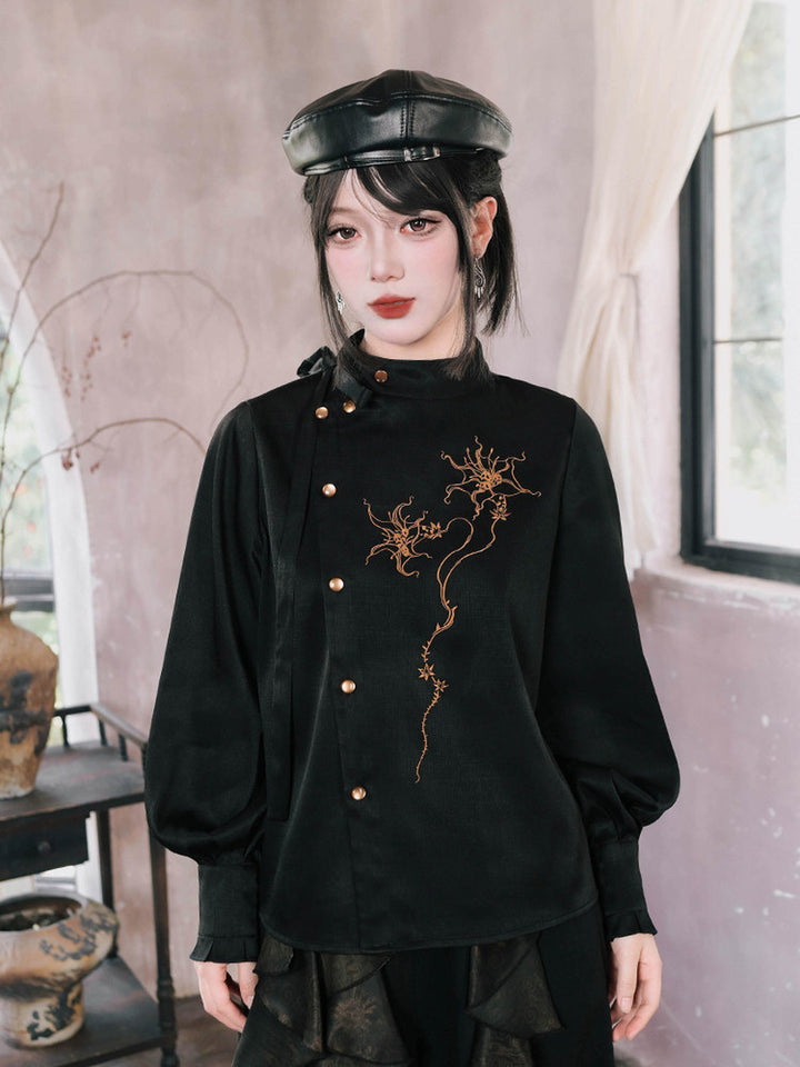 Chinese-Inspired Datura Embroidered Shirt