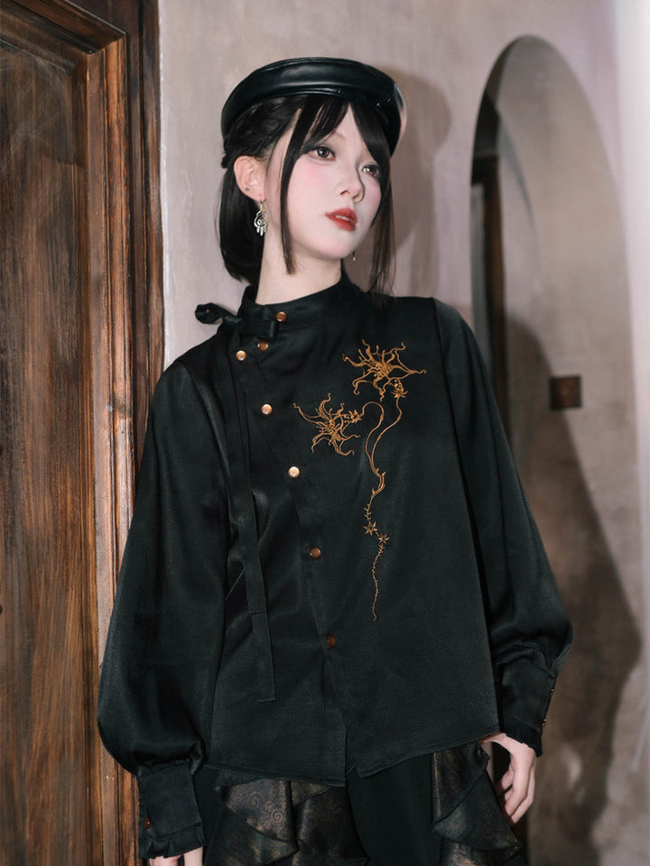 Chinese-Inspired Datura Embroidered Shirt