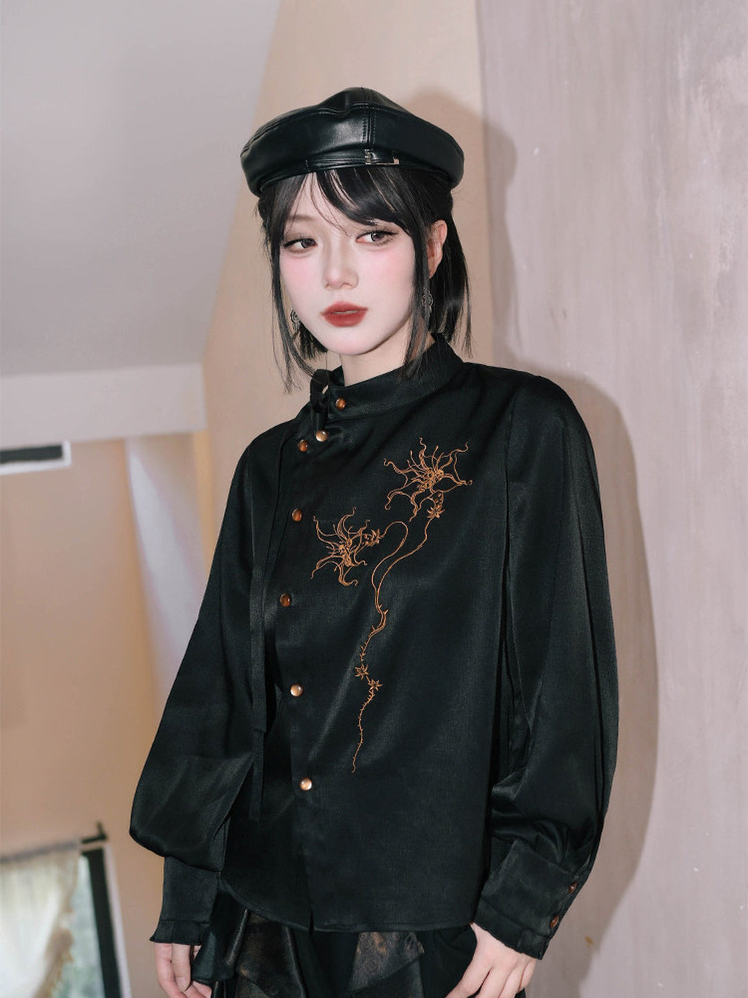 Chinese-Inspired Datura Embroidered Shirt