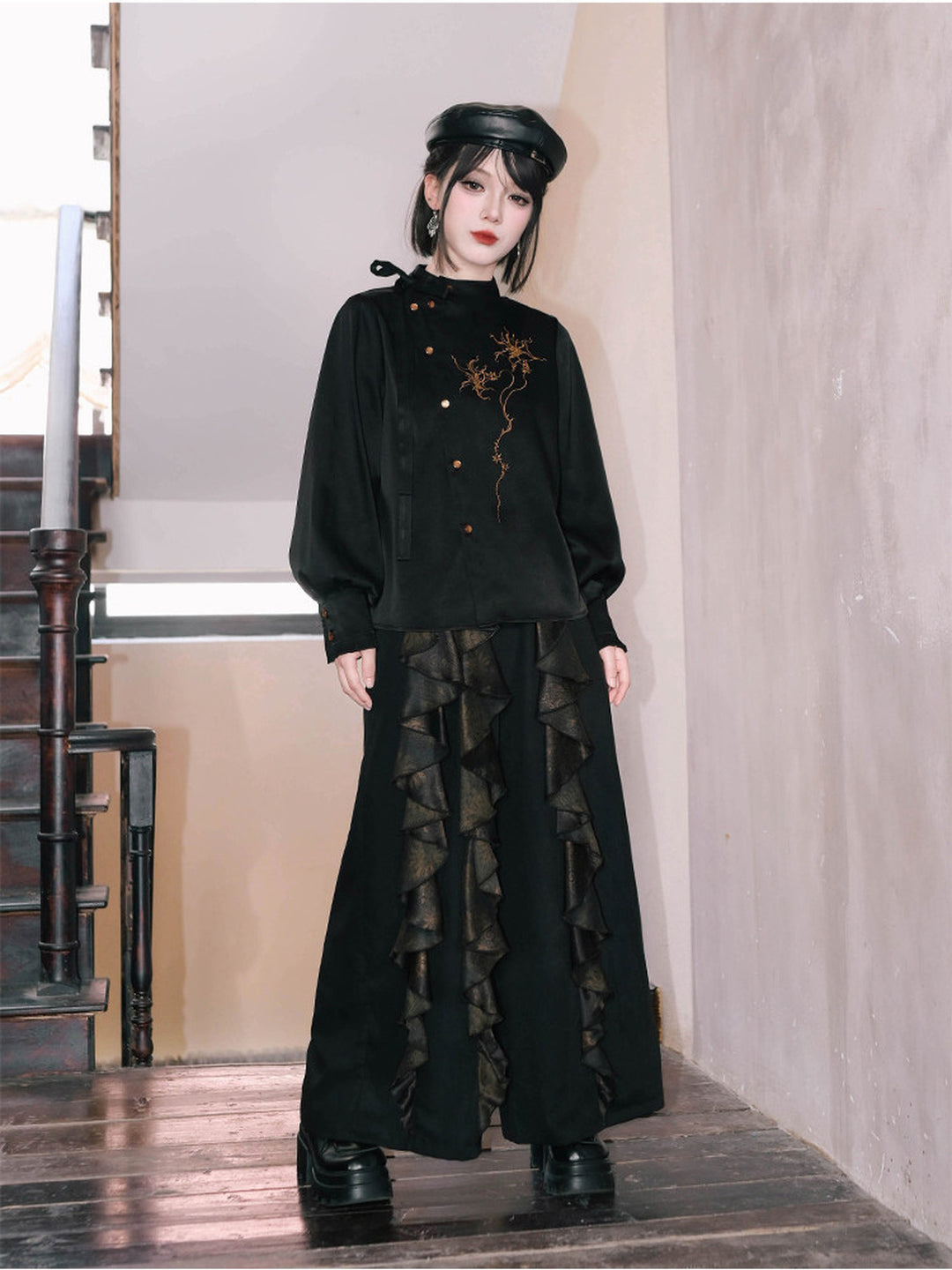 Chinese-Inspired Datura Embroidered Shirt
