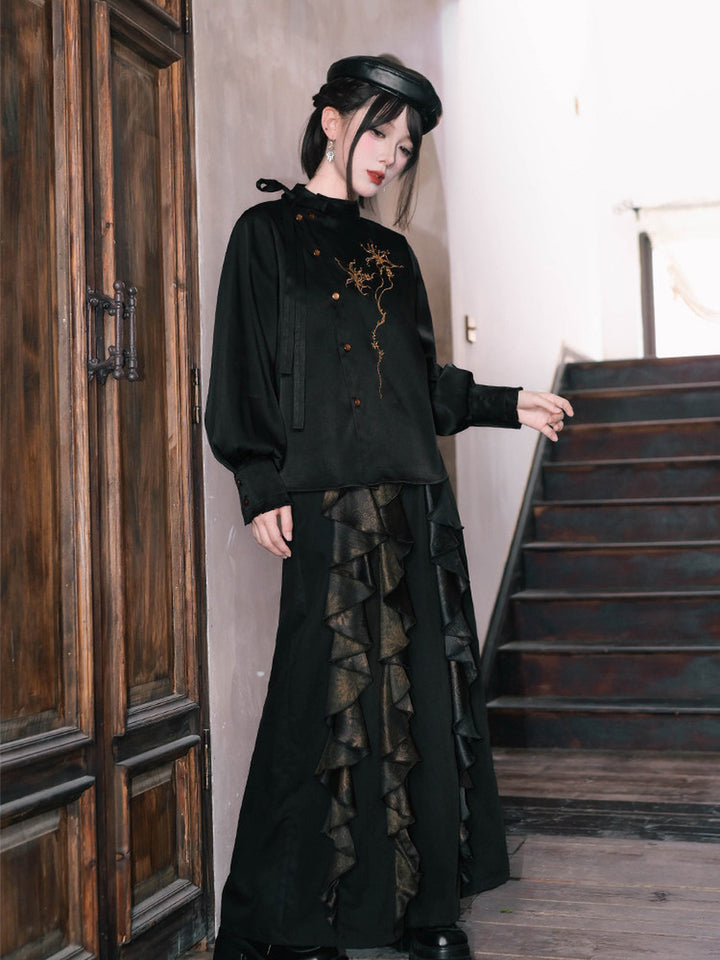 Chinese-Inspired Datura Embroidered Shirt