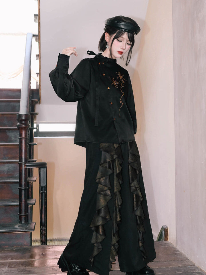 Chinese-Inspired Datura Embroidered Shirt