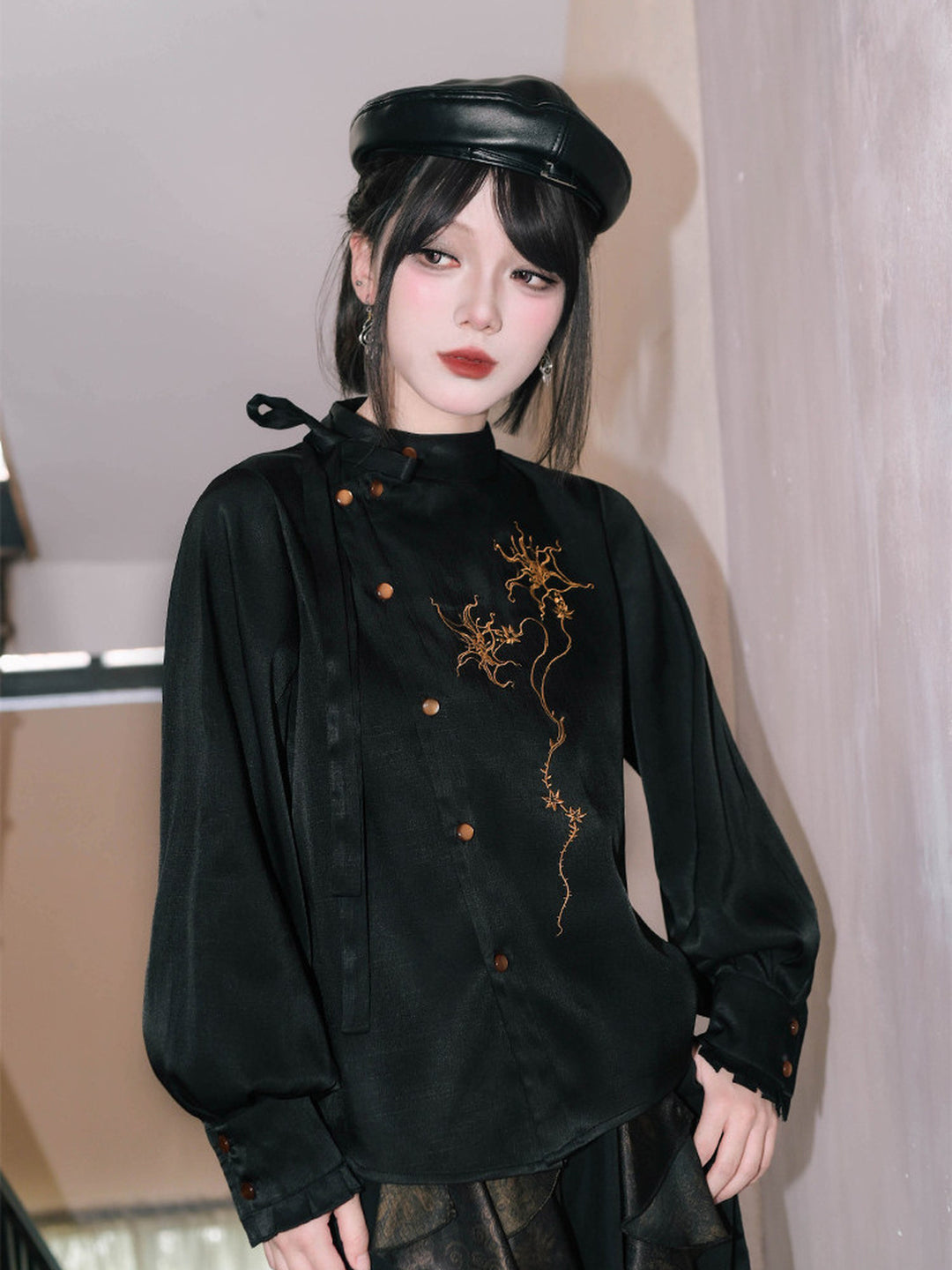 Chinese-Inspired Datura Embroidered Shirt