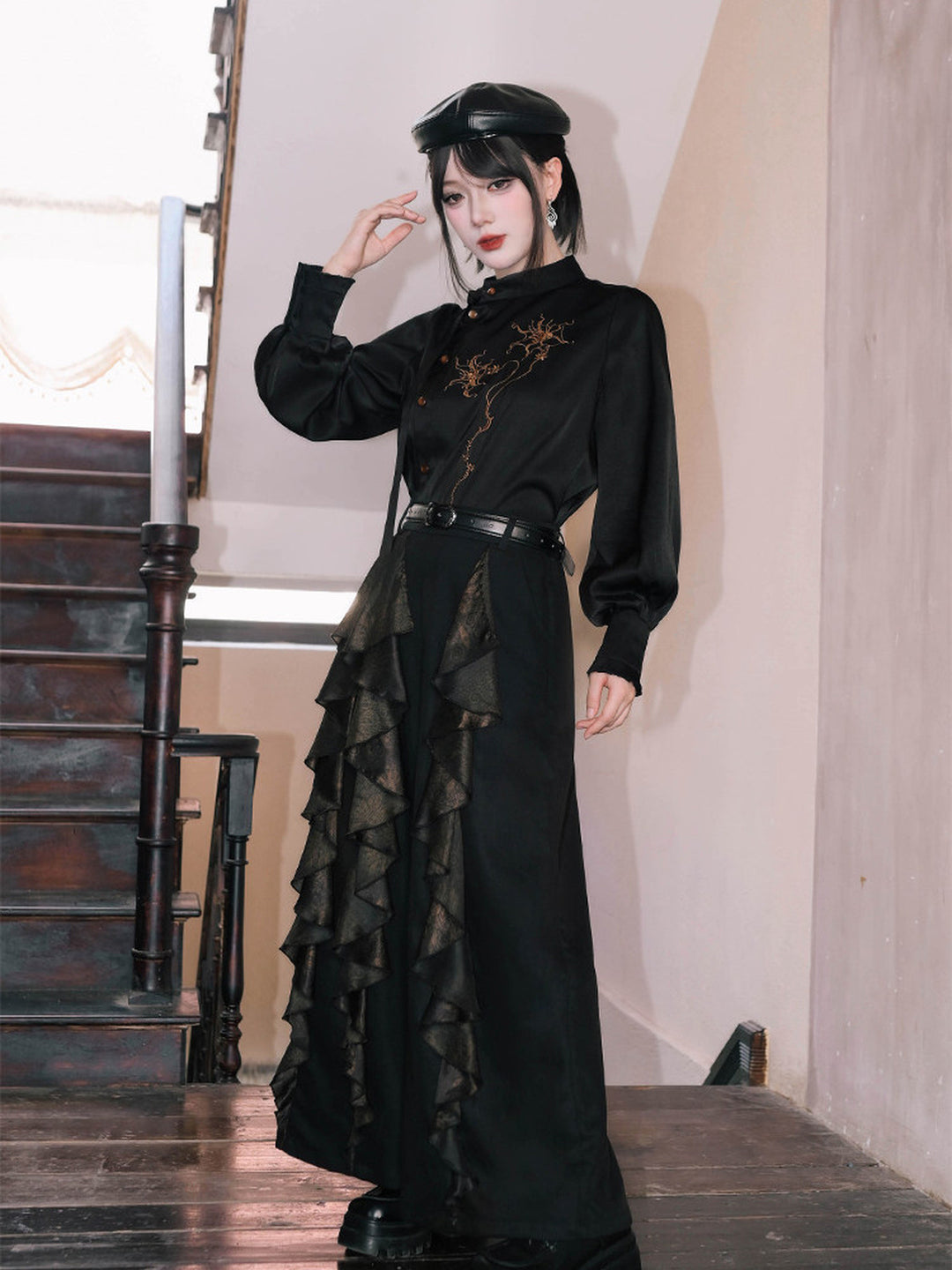 Chinese-Inspired Datura Embroidered Shirt